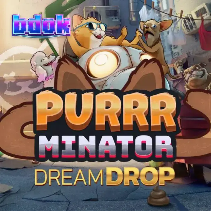 Purrrminator Dream Drop স্লট গেমের একটি দৃশ্য যেখানে নিওন আলো এবং রোবটিক বিড়াল দেখা যাচ্ছে।
